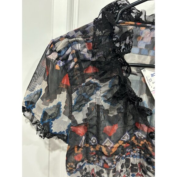 Lapis Sheer Lace Trim Button Front Blouse Black Multi Sz Large Whimsigoth NWT - Picture 4 of 10